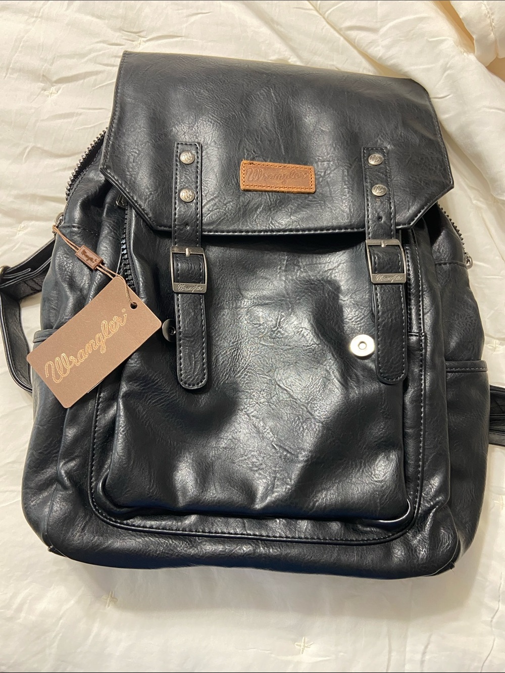 Wrangler Black Faux Leather Backpack with Tan Logo Patch